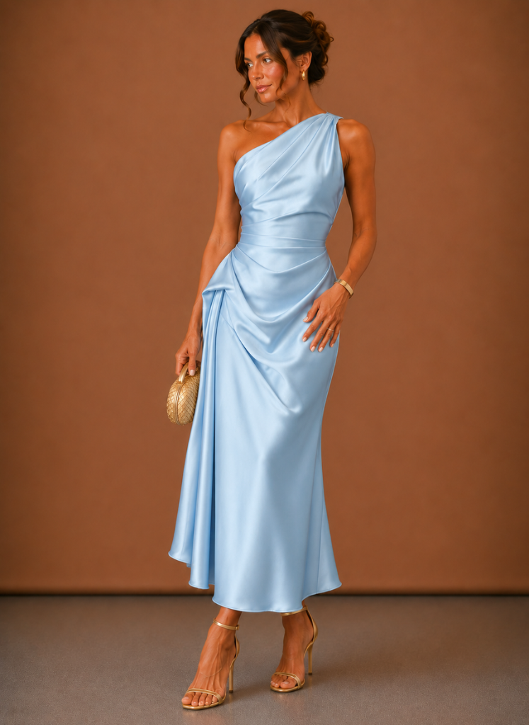 one shoulder midi dress wedding guest Women’s Satin – Elegant Strapless Bell Sleeve Bridal daily wear type-bottoms Size:19-36-37