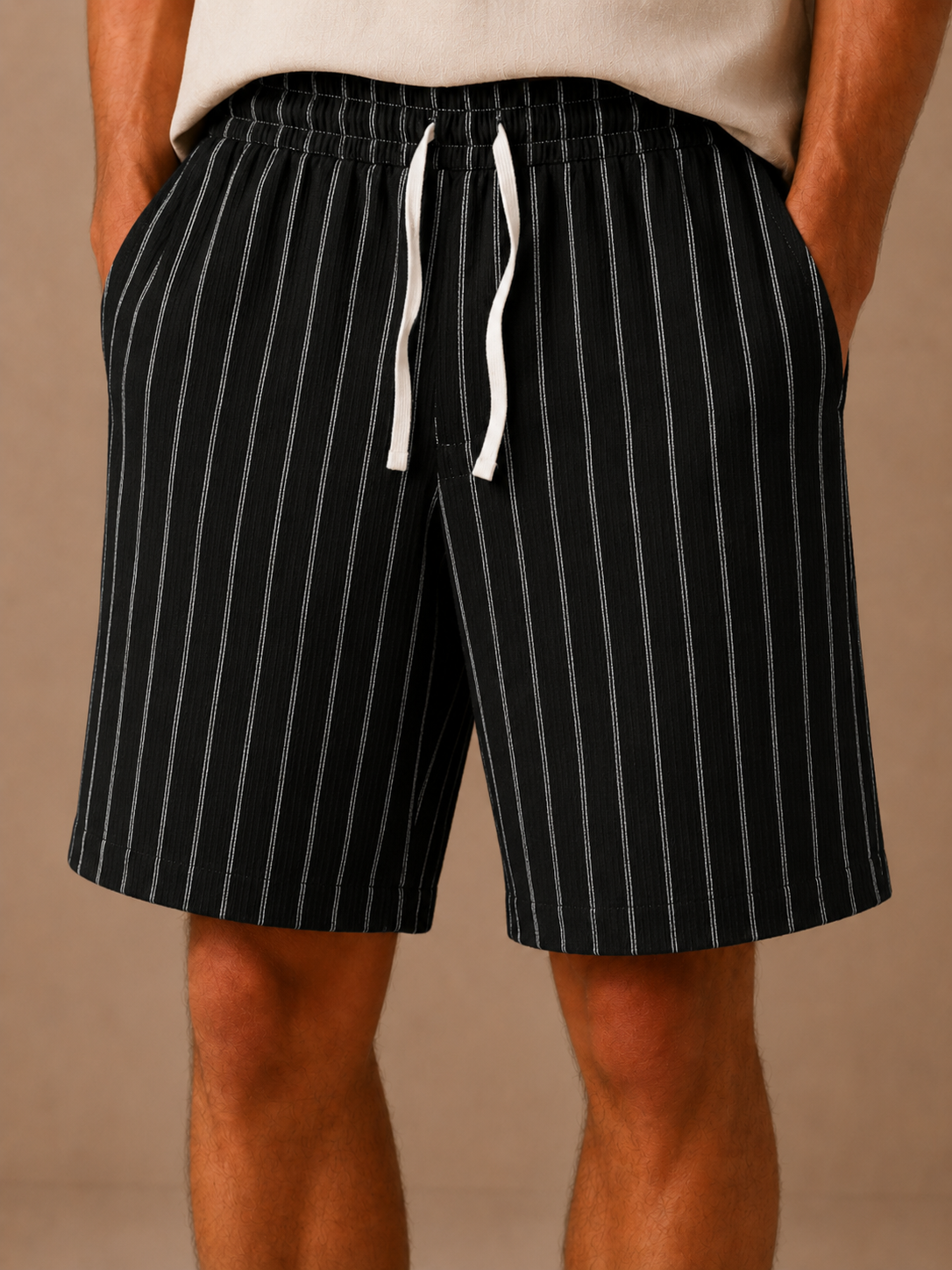 Areleon | Men’s Drawstring Shorts Relaxed Casual  Striped Linen-Blend