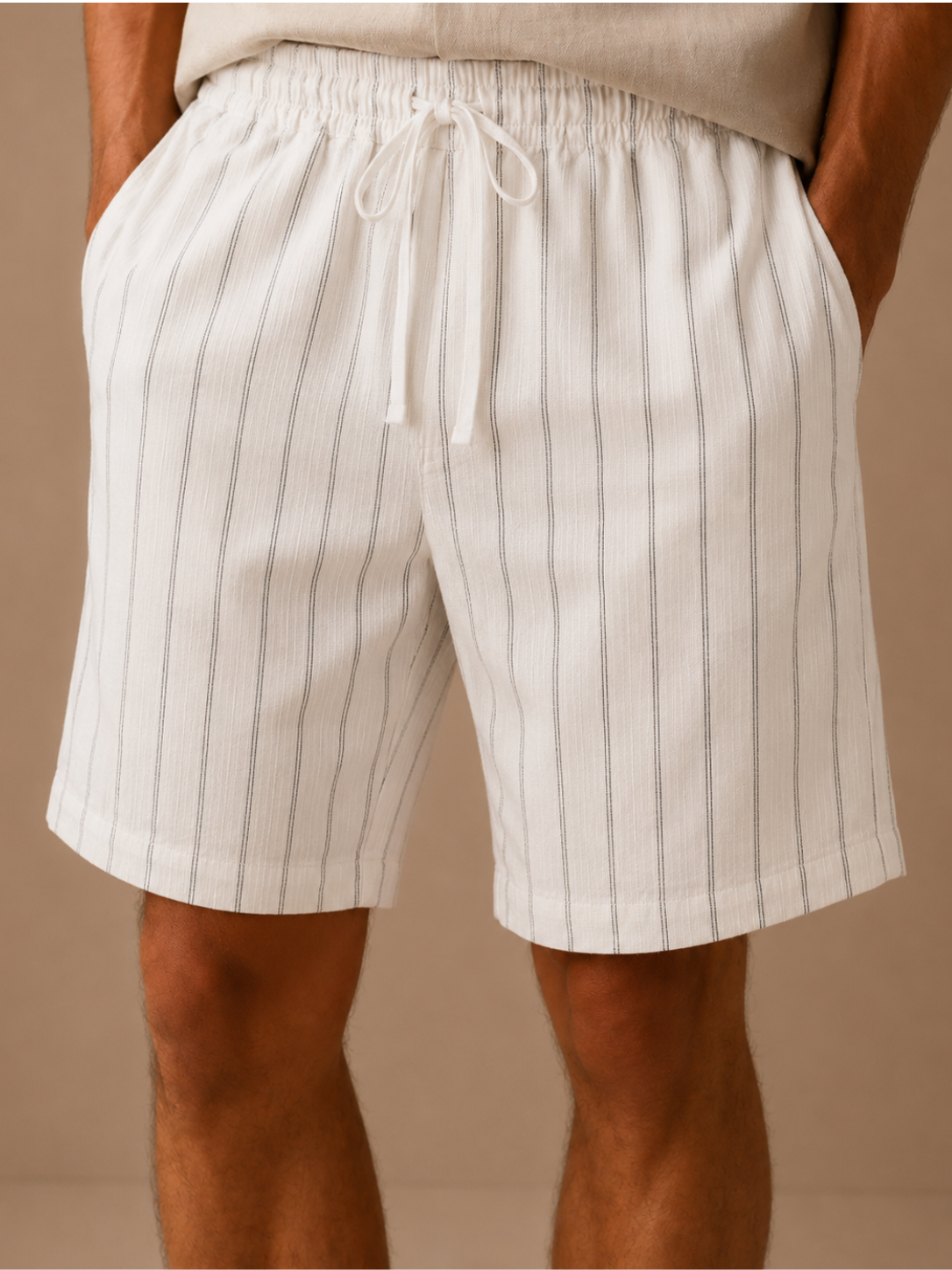 Areleon | Men’s Drawstring Shorts Relaxed Casual  Striped Linen-Blend