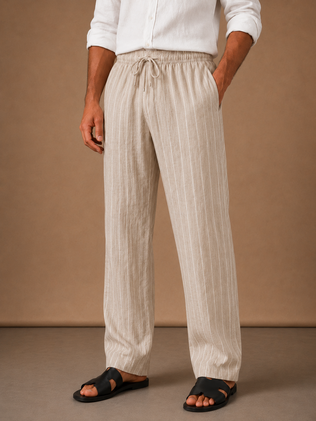 Areleon | Men’s Drawstring Trousers Relaxed Casual Striped Linen-Blend