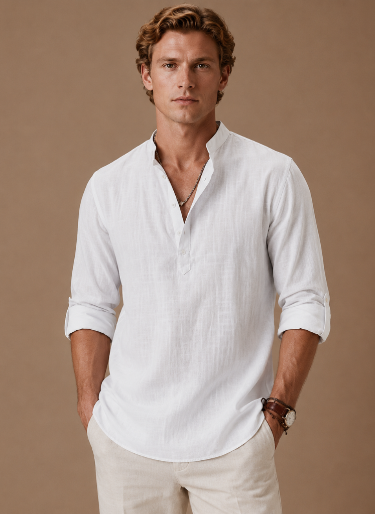 Men's Grandad Collar Linen Style Shirt – Relaxed Casual Fit