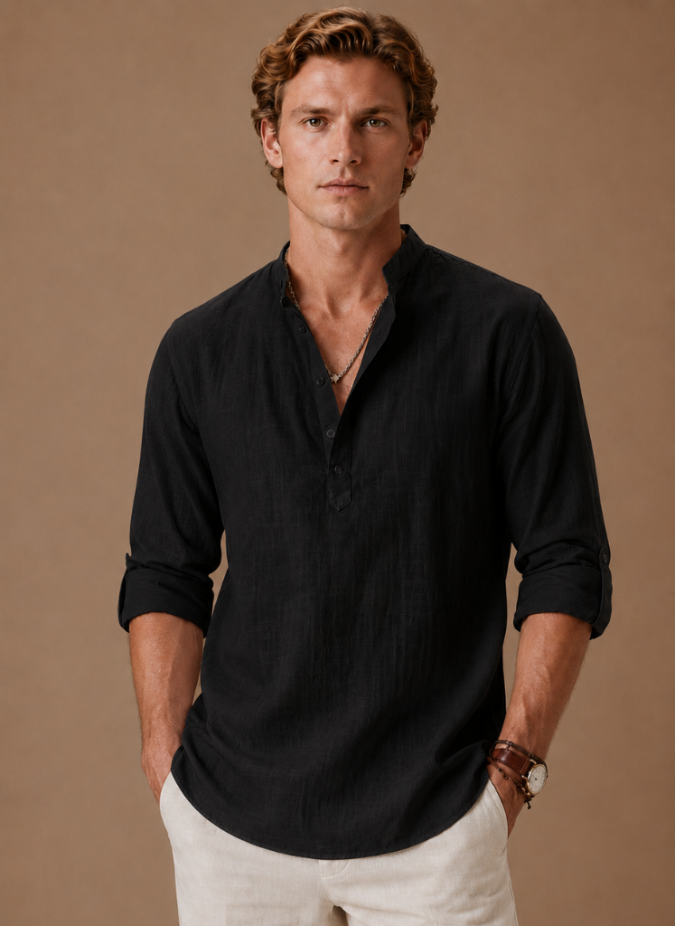 Areleon | Men’s Grandad Collar Shirt Relaxed Casual Linen-Blend