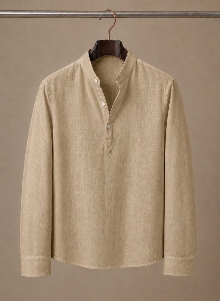 Areleon | Men’s Grandad Collar Shirt Relaxed Casual Linen-Blend