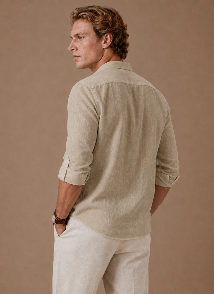 Areleon | Men’s Grandad Collar Shirt Relaxed Casual Linen-Blend