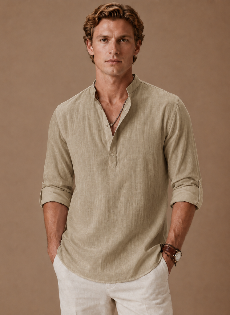 Areleon | Men’s Grandad Collar Shirt Relaxed Casual Linen-Blend