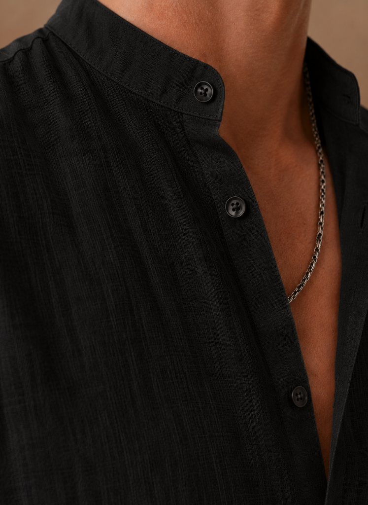 Areleon | Men’s Grandad Collar Shirt Relaxed Casual Linen-Blend