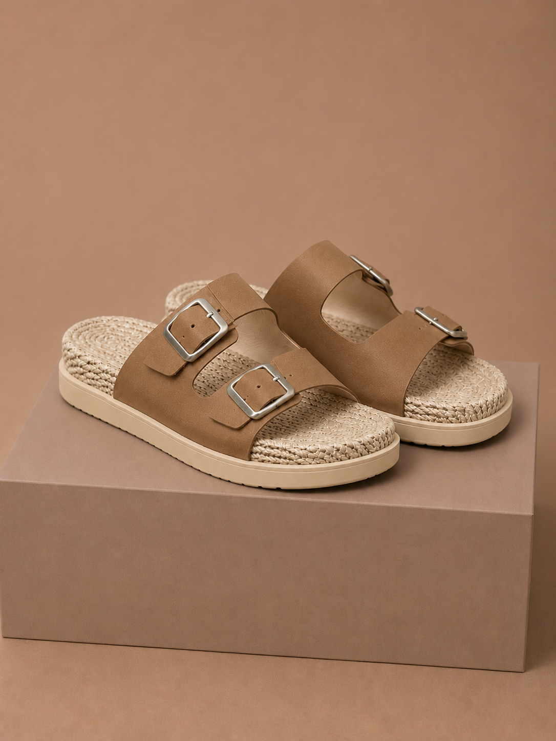 Areleon | Women’s Double Buckle Slide SandalsCream Faux Leather