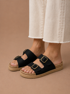 Areleon | Women’s Double Buckle Slide SandalsCream Faux Leather