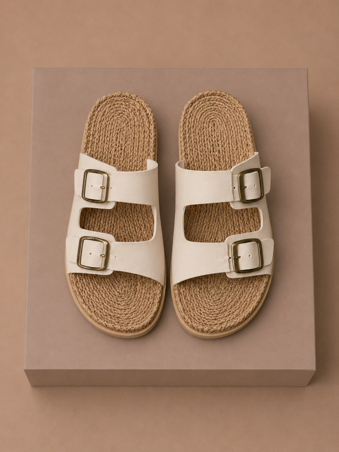 Areleon | Women’s Double Buckle Slide SandalsCream Faux Leather