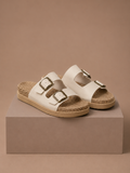 Areleon | Women’s Double Buckle Slide SandalsCream Faux Leather