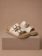 Areleon | Women’s Double Buckle Slide SandalsCream Faux Leather