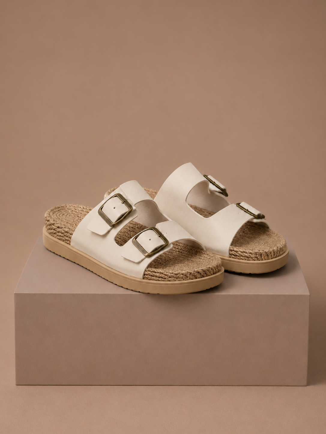Areleon | Women’s Double Buckle Slide SandalsCream Faux Leather