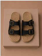 Areleon | Women’s Double Buckle Slide SandalsCream Faux Leather