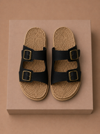Areleon | Women’s Double Buckle Slide SandalsCream Faux Leather
