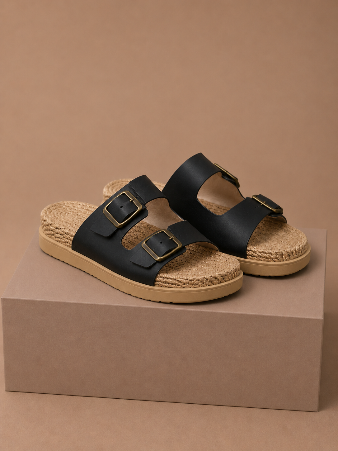 Areleon | Women’s Double Buckle Slide SandalsCream Faux Leather