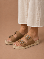 Areleon | Women’s Double Buckle Slide SandalsCream Faux Leather