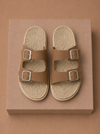 Areleon | Women’s Double Buckle Slide SandalsCream Faux Leather
