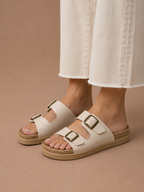 Areleon | Women’s Double Buckle Slide SandalsCream Faux Leather