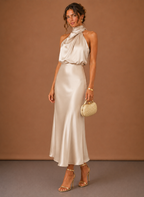 Women's Satin Halter Maxi Dress – Elegant Wedding Guest | Areleon