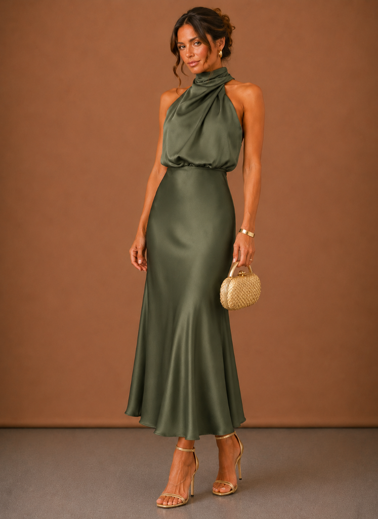 Areleon | Women’s Satin Halter Maxi Dress for Weddings and Formal Events