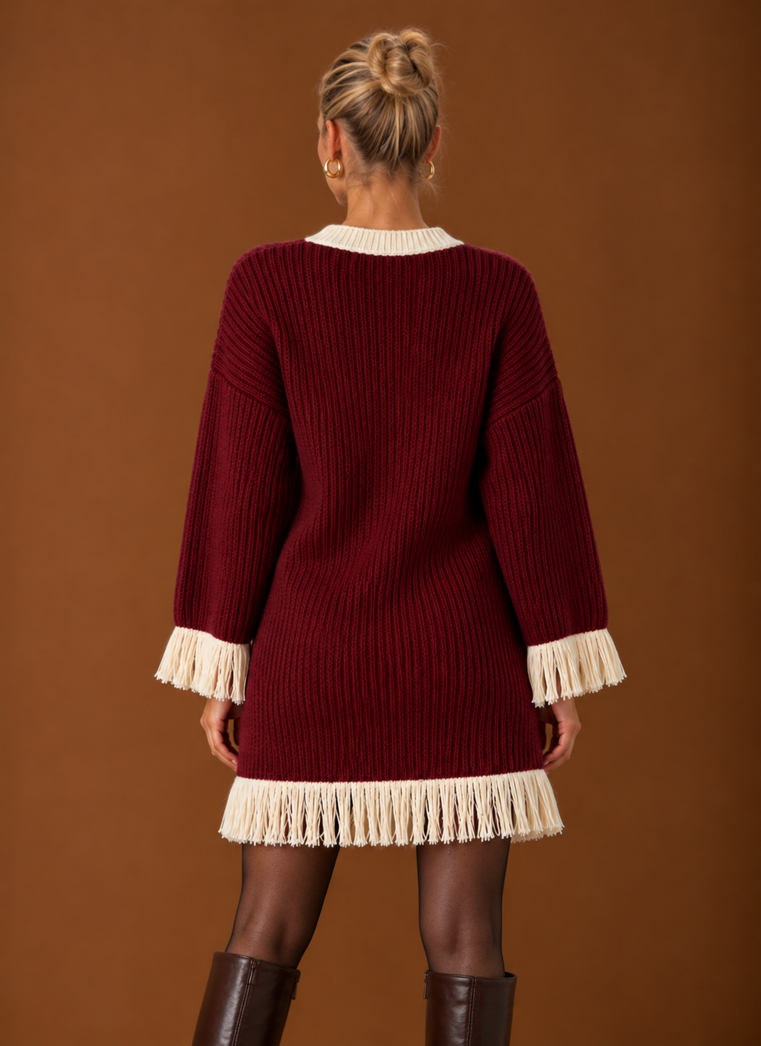 Women’s Fringe Sweater Dress – V-Neck Chunky Knit Oversized Mini | Areleon