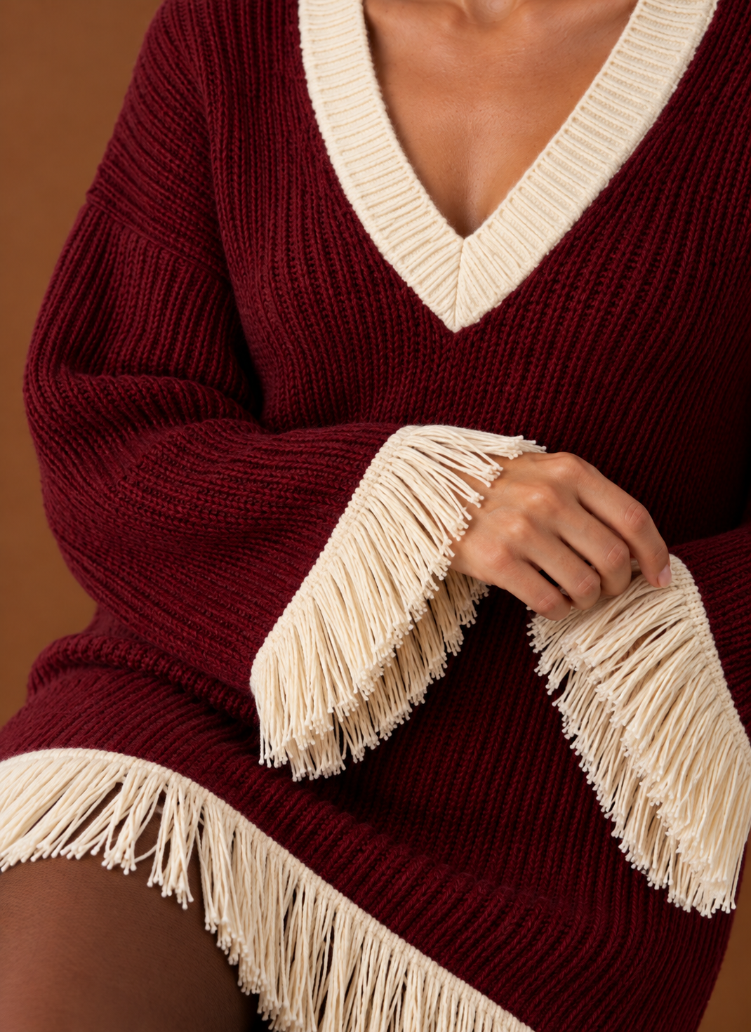 Women’s Fringe Sweater Dress – V-Neck Chunky Knit Oversized Mini | Areleon