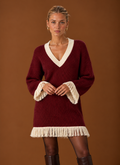 Women’s Fringe Sweater Dress – V-Neck Chunky Knit Oversized Mini | Areleon