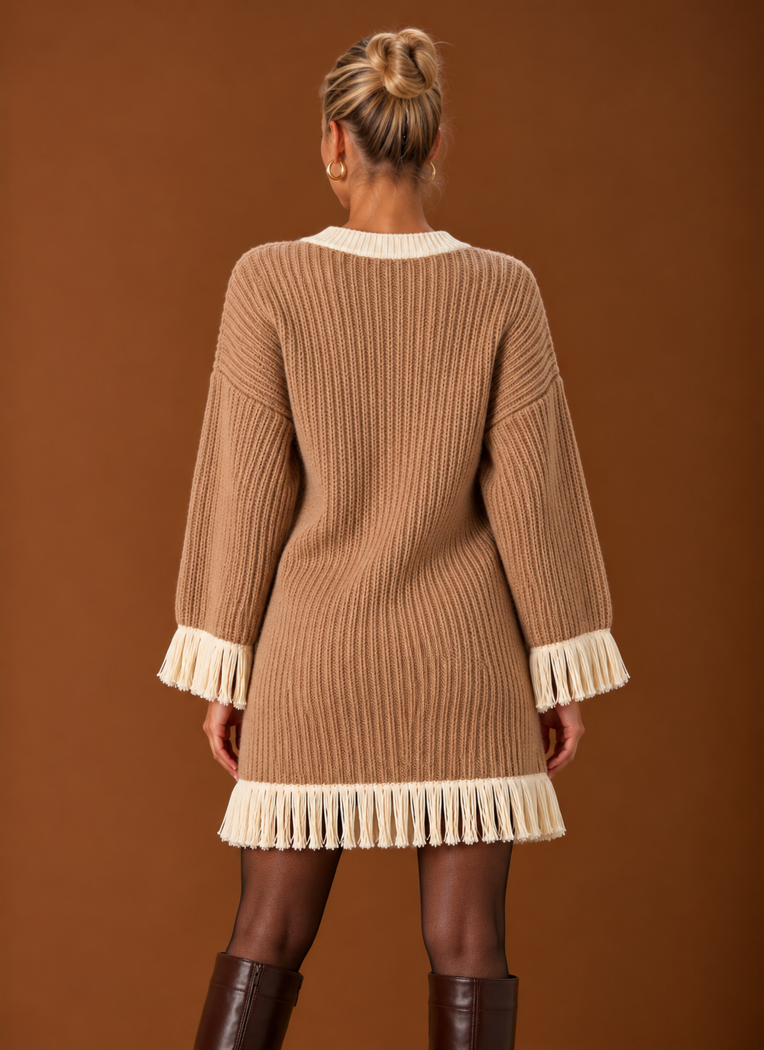Women’s Fringe Sweater Dress – V-Neck Chunky Knit Oversized Mini | Areleon