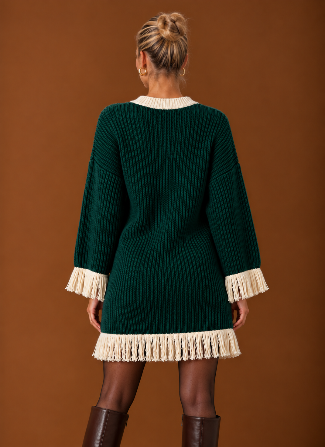 Women’s Fringe Sweater Dress – V-Neck Chunky Knit Oversized Mini | Areleon