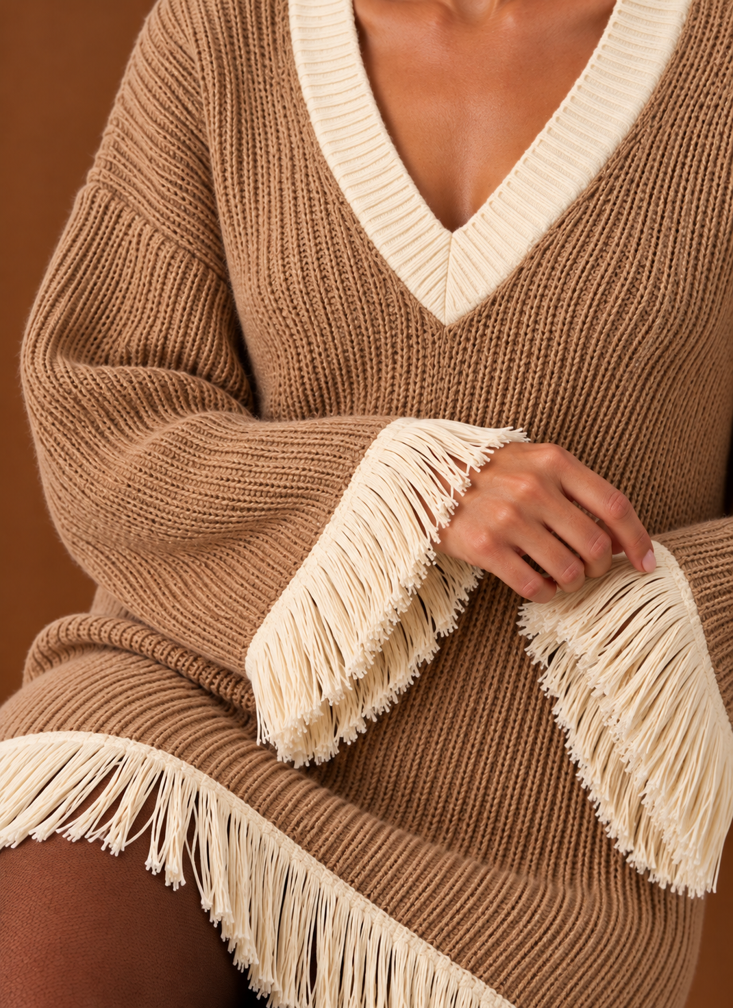 Women’s Fringe Sweater Dress – V-Neck Chunky Knit Oversized Mini | Areleon