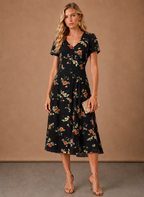 Areleon | Women’s Short Sleeve Floral Midi Dress with Button Front