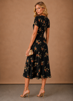 Areleon | Women’s Short Sleeve Floral Midi Dress with Button Front