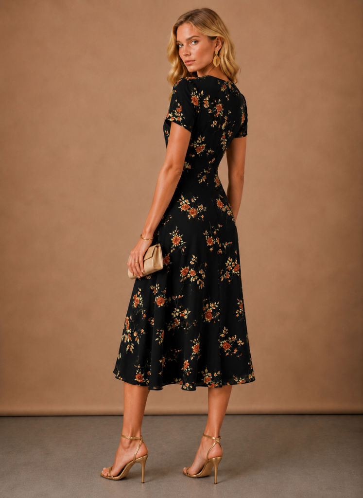 Areleon | Women’s Short Sleeve Floral Midi Dress with Button Front