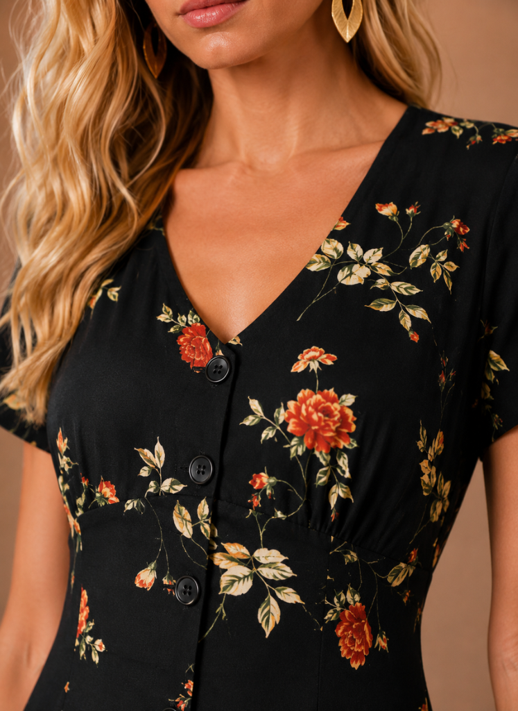 Areleon | Women’s Short Sleeve Floral Midi Dress with Button Front