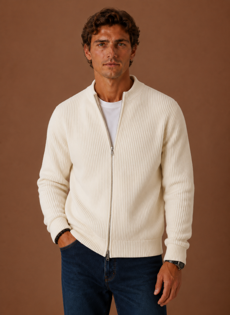 Men's Full Zip Knit Cardigan Sweater Ribbed Zip-Up Jacket | Areleon