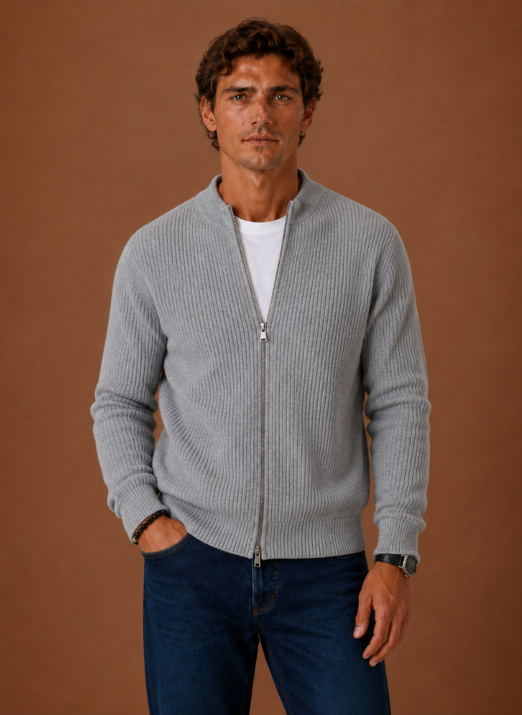 Men's Full Zip Knit Cardigan Sweater Ribbed Zip-Up Jacket | Areleon