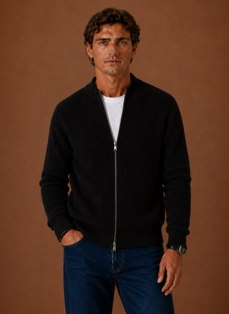 Men's Full Zip Knit Cardigan Sweater Ribbed Zip-Up Jacket | Areleon