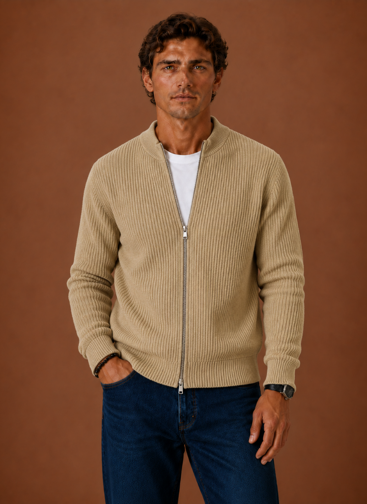 Men's Full Zip Knit Cardigan Sweater Ribbed Zip-Up Jacket | Areleon