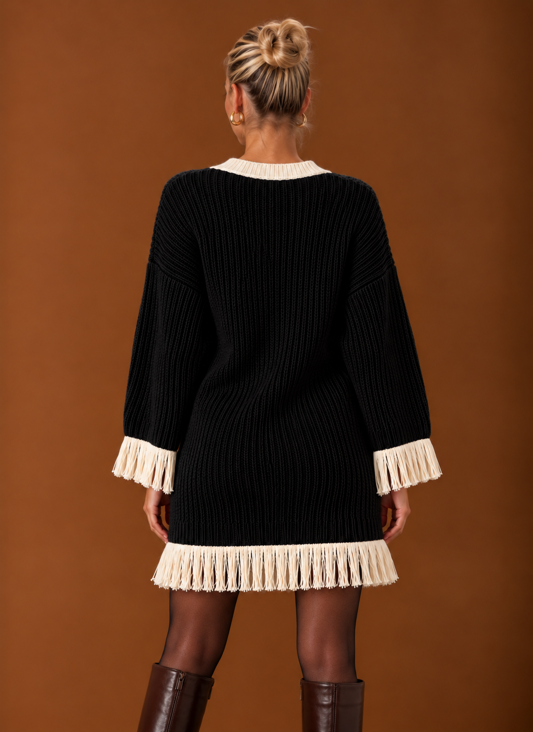 Women’s Fringe Sweater Dress – V-Neck Chunky Knit Oversized Mini | Areleon