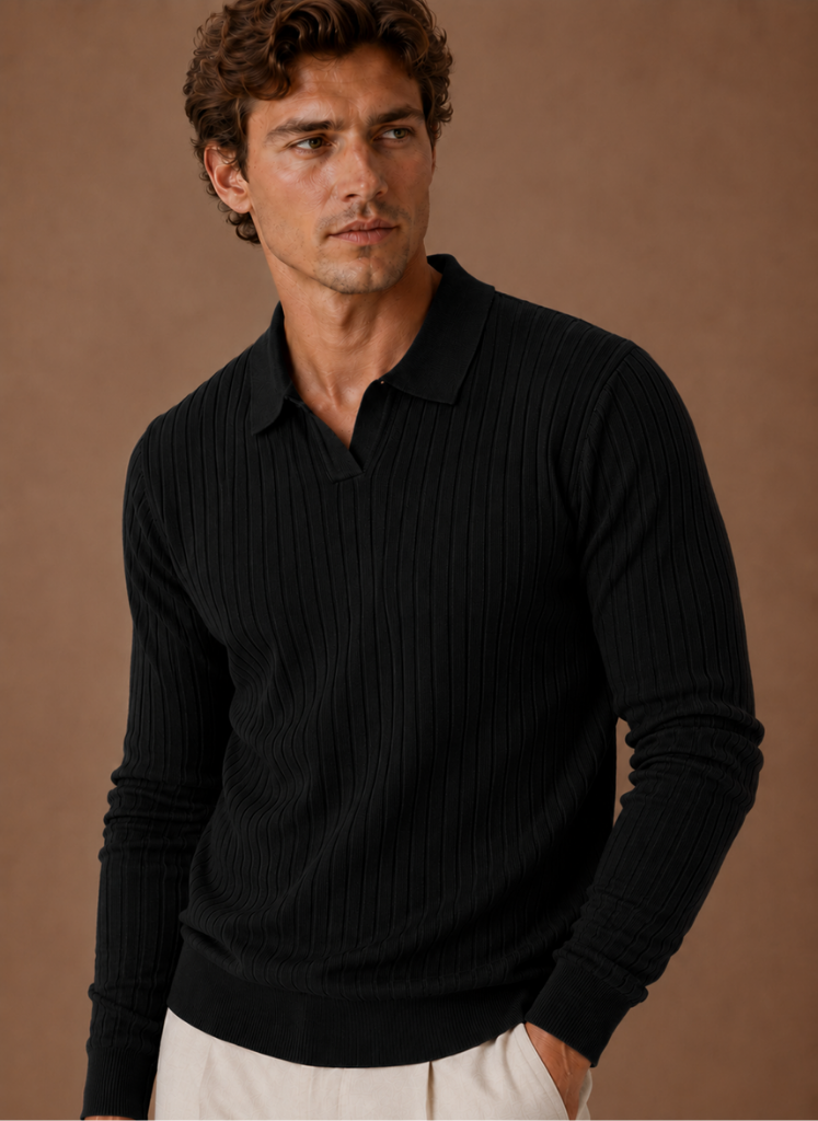 Men's Ribbed Knit Polo Sweater Smart Casual Pullover | Areleon