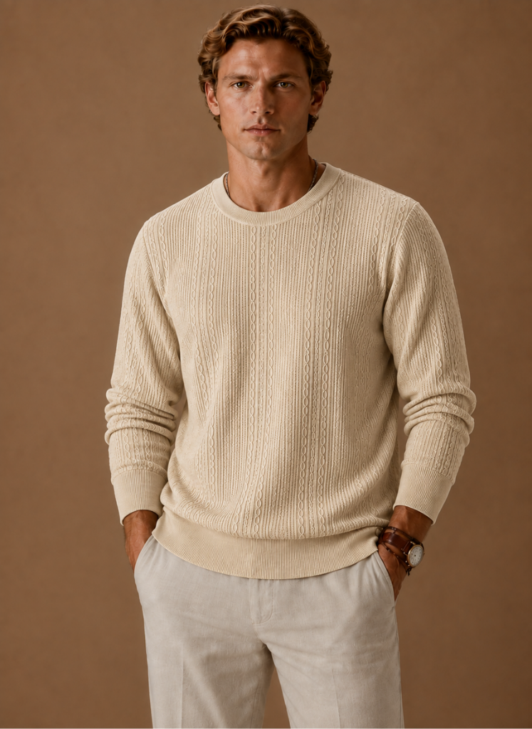 Men's Cable Knit Sweater – Crew Neck Textured Pullover | Areleon