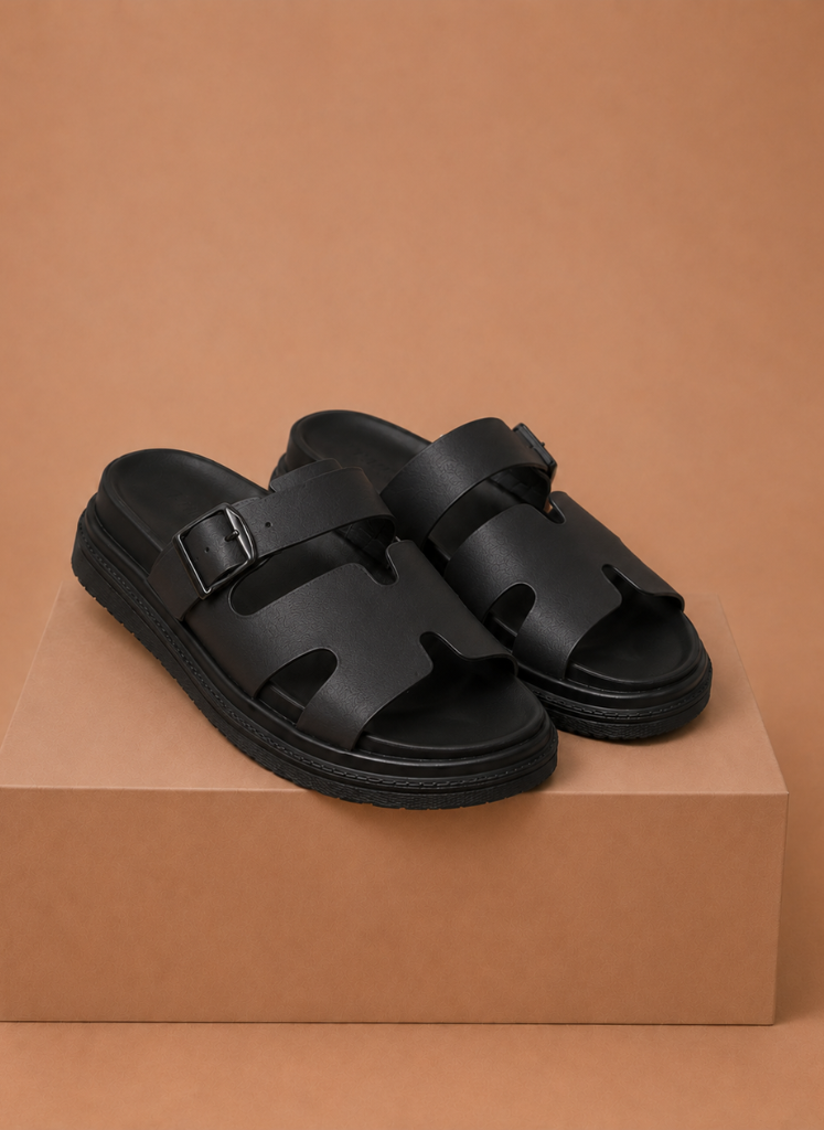 Areleon | Women’s Buckle Slide Sandals Casual Faux Leather