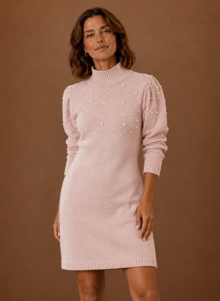 Women’s Pearl Knit Sweater Dress with High Neck | Areleon
