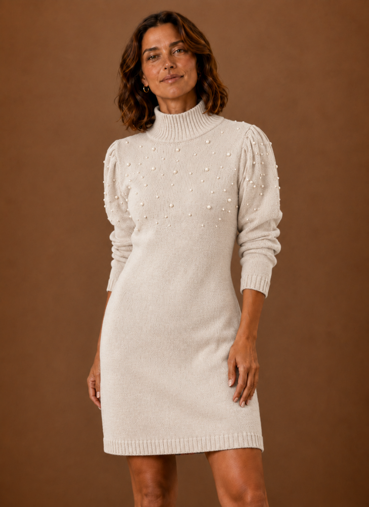 Women’s Pearl Knit Sweater Dress with High Neck | Areleon
