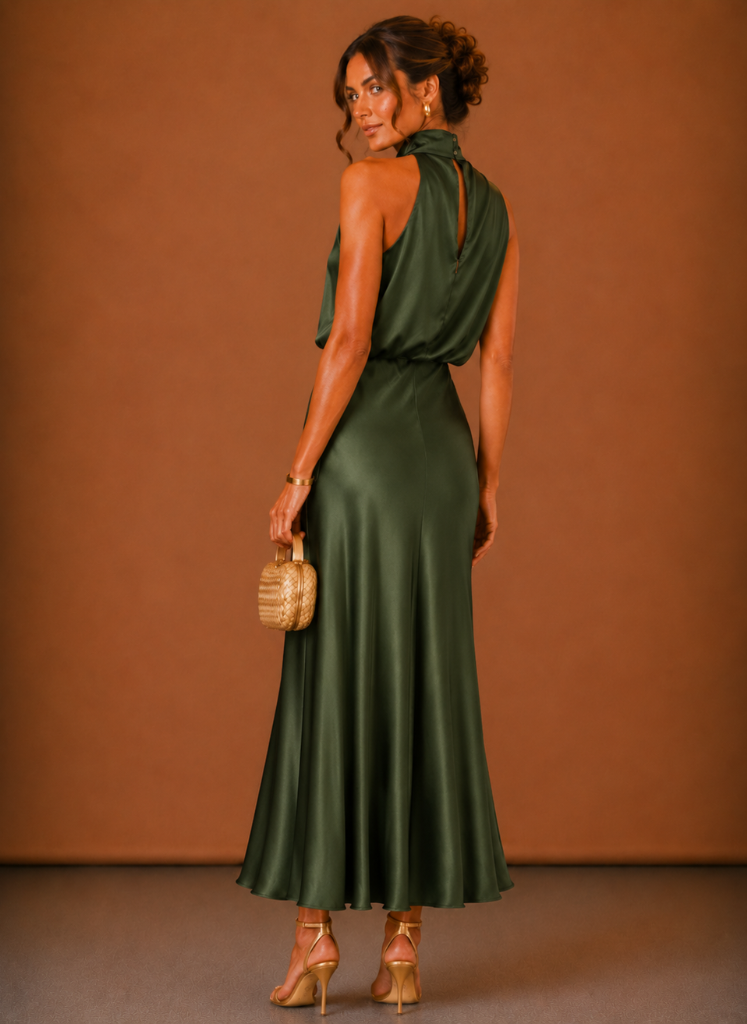 Women's Satin Halter Maxi Dress – Elegant Wedding Guest