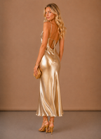 Women’s Satin Cowl Neck Midi Dress – Elegant Evening Occasion | Areleon