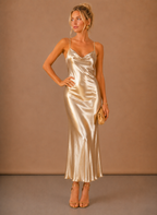 Women’s Satin Cowl Neck Midi Dress – Elegant Evening Occasion | Areleon