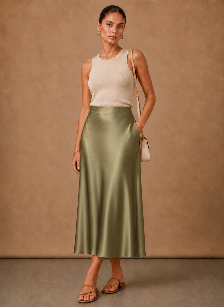 Areleon | Women’s Satin Midi Skirt Elegant A-Line