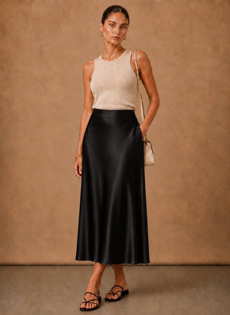 Areleon | Women’s Satin Midi Skirt Elegant A-Line