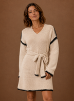 Women’s V-Neck Knit Sweater Dress with Waist Belt | Areleon